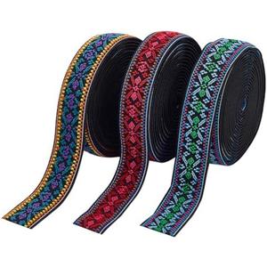 PH PandaHall 9 Yards 3 Colors Elastic Jacquard Ribbon Ethnic Embroidered Trim Boho Jacquard Ribbon Vintage Woven Fabric Trim for Webbing Garment Sewing Accessories DIY Crafts Making, 0.8inch