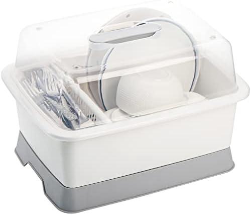 Lyellfe Plastic Dish Drying Rack, Bottle Dryer Holder with Cover Lid and Removable Drainboard, White Utensil and Cup Holder for Kitchen Counter, Dish Dryer Shelf, Medium Size