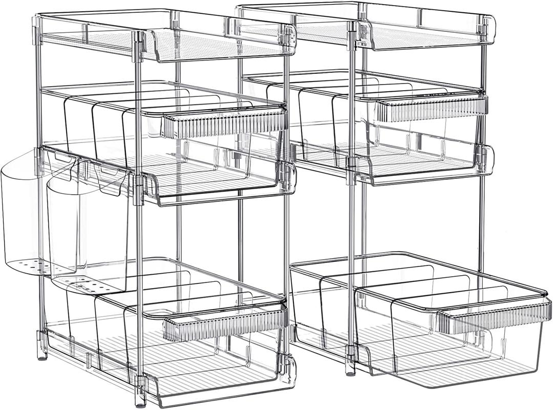 Clear Bathroom Organizers 2 Sets 3 Tier, Pull Out Organizer and Storage with 2 Cups, Slide Out Drawer Storage Container with 6 Dividers, Multi-Purpose Bathroom Organizer, Kitchen Under Sink Organizer