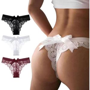 Womens Lace Bow Thongs T Back Low Waist Panties Sexy V-Shape Design Floral Lace Panties Undies for Women (Large)