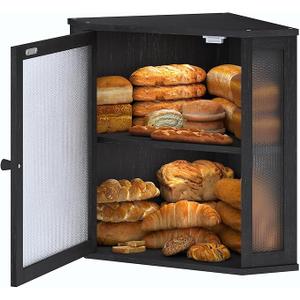 Furshus Corner Bread Box for Kitchen Countertop,Bread Storage for Homemade Bread, Double Layer Large Bamboo Kitchen Storage Bin with Window (Black, Large)