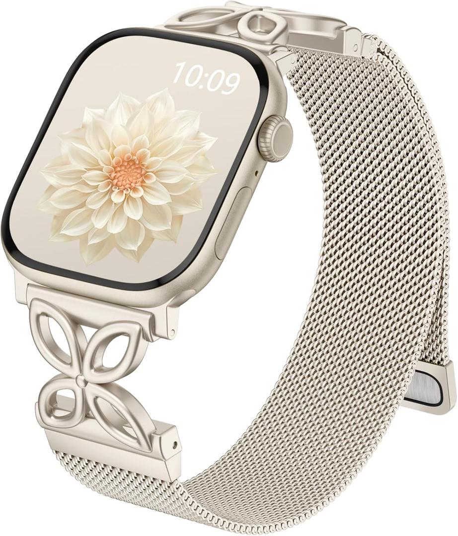 Getino Mesh Loop Compatible with Apple Watch Bands for Women 40mm 41mm 42mm 44mm 45mm 46mm 49mm 38mm Series 10 9 8 7 6 5 4 3 2 1 SE, Metal Stainless Steel Magnetic Strap for iWatch Bands, Starlight