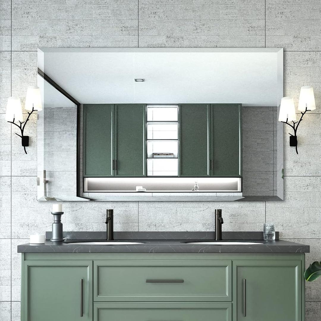 Mirrorons Beveled Mirror, Wall Mirror 24" x 32", Frameless Rectangle Bathroom Vanity Mirror with Beveled Edge, Hangs Horizontally or Vertically. Upgraded Shatterproof Mirror, Bathroom, Gym.
