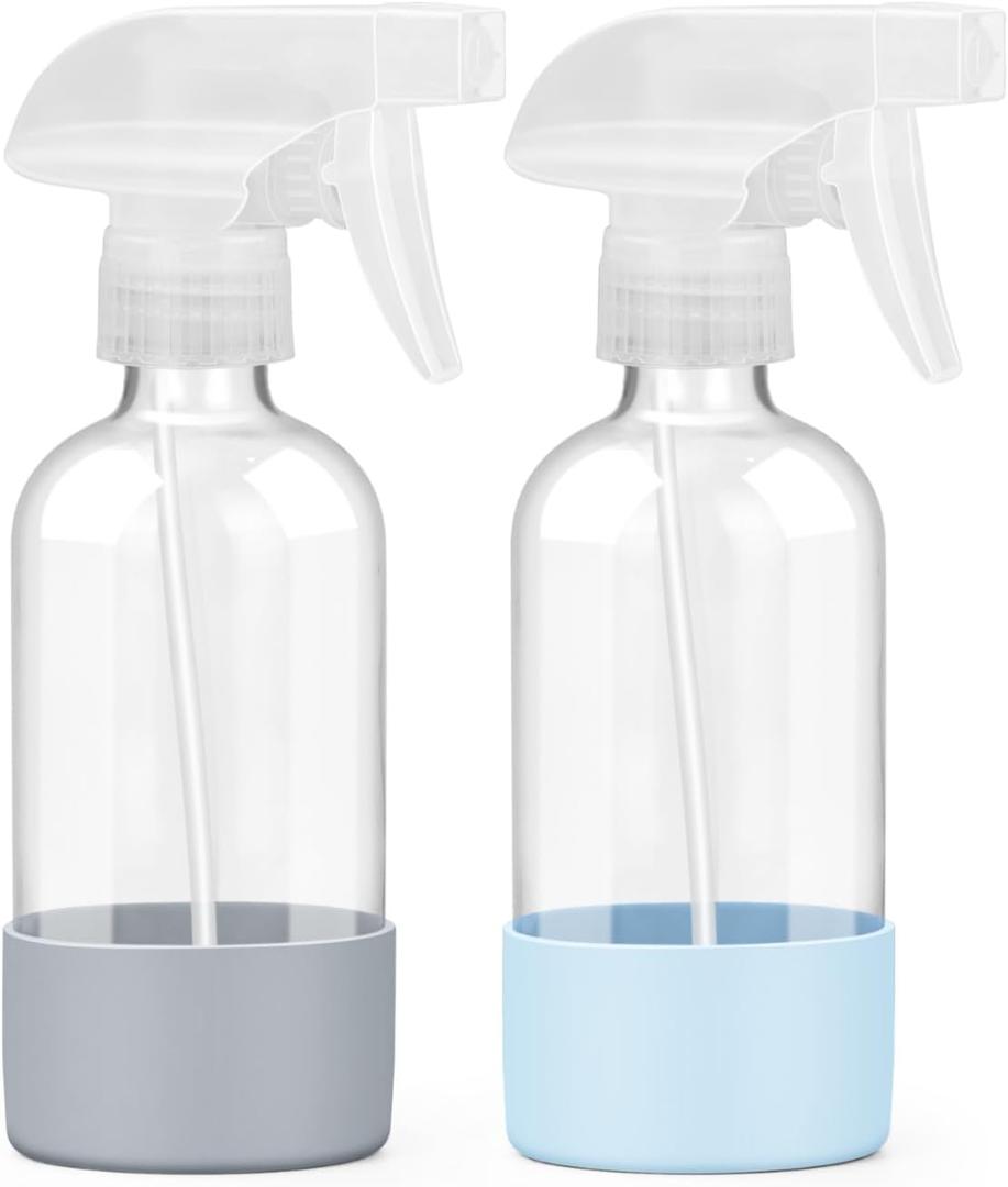 2 Pack Glass Spray Bottles 8 oz, Empty Refillable Containers with Silicone Sleeve Protection, Glass Spray Bottles for Cleaning Solutions, Hair and Plants with Adjustable Nozzles Blue & Grey