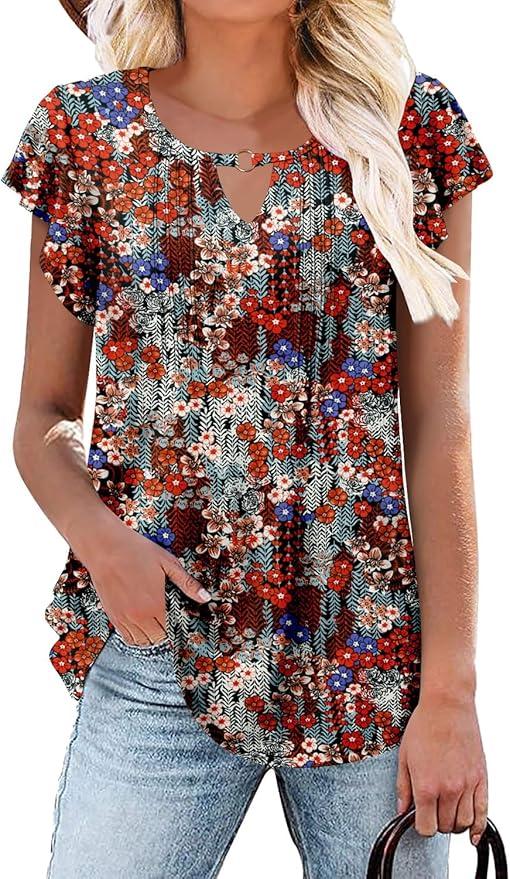KISSMODA Womens Tops Short Sleeve Plus Size Tunic Top Casual Shirt O-neck Boho Blouse Summer Basic Tunics Tops for Woman, Size XL