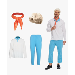 Men Classic Movie Set Adult Halloween Costume Long Sleeve Shirt with Wig Orange Scarf and Trousers XL