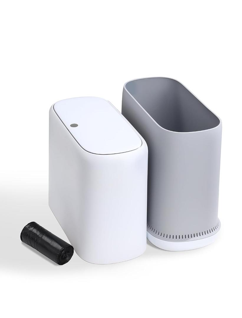 Bathroom Trash Can with Lid, Slim 2.3 Gallon Vacuum adsorption Garbage Bin, Narrow Press Top Waste Basket for Odor Control & Dog Proof for Bathroom Bedroom Office Home