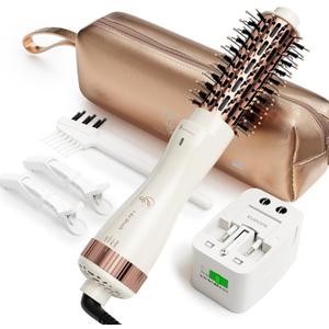 1.5 Inch Barrel (2.8 Plus Bristles) Dual Voltage(110~250V) Round Brush Blow Dryer, Hair Dryer Brush with European Plug Adapter, 4-in-1 Negative Ionic One Step Volumizer Dryer