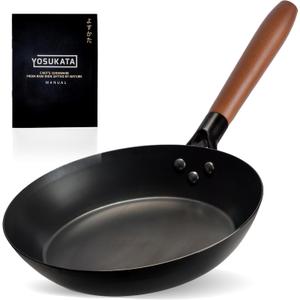 YOSUKATA 10 1/4" Carbon Steel Frying Pan  Non-Toxic Pre-Seasoned Skillet with Removable Wooden Handle  Coating-Free Wok-Style Pan for Gas, Induction, Electric, Oven & Grill BBQ