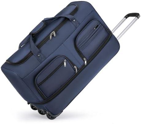 Expandable Rolling Duffle Bag with Wheels, 24" Foldable Carry On Luggage Suitcases, Water-Resistant Travel Duffle Bag Carry On Suitcase Weekend Bag for Women Men Navy Blue