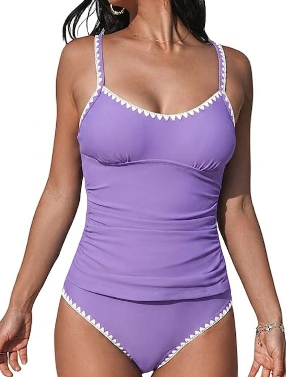 Women's Tankini Sets Two Piece Swimsuit Scoop Neck Tummy Control Adjustable Straps Shell Stitched (Light Purple) 15-16yo