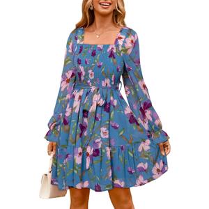 Simplee Womens Boho Floral Fall Short Dresses Long Sleeve Square Neck Empire Waist Smocked Flowy Mini Dress Blue XL