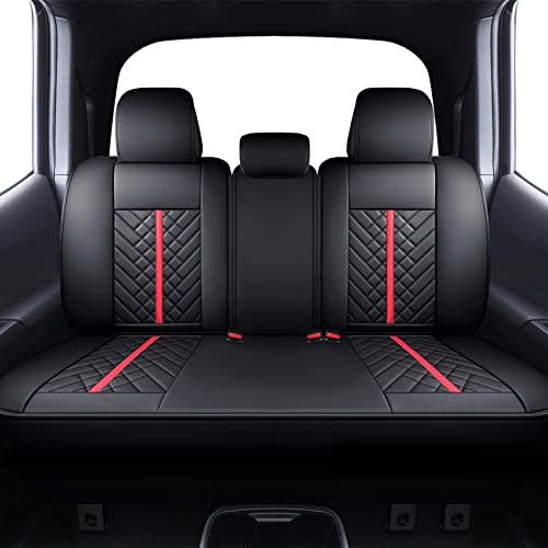 Tomatoman Toyota Tacoma Rear Seat Covers 2005-2024 2025 TRD Sport Off Road Limited SR5 V6 Crew Double Extended Cab Truck Airbag Compatible Back Car Cushions with Faux Leather(Rear Seat/ Black-Red)