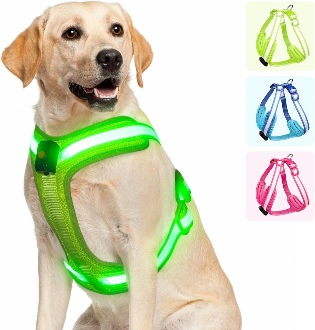 Light Up Dog Harness - LED Dog Harness Rechargeable, No Choke Illuminated Glow Dark Harness Vest Waterproof for Medium Large Dogs for Camping Night Safety Walking-Green,M