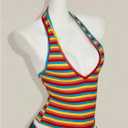 Women's Y2K Striped Backless Halter Top Sleeveless Low Cut V Neck Crop Tank Tops (S)