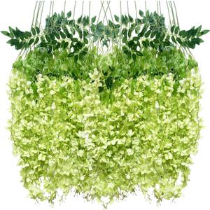 Artificial Wisteria Hanging Flowers Fake Wisteria Flower Garland Silk Vines Rattan Decor for Home Wedding Arch Wall Garden Greenery Bedroom Outdoor Office Party Decoration (12, Green)