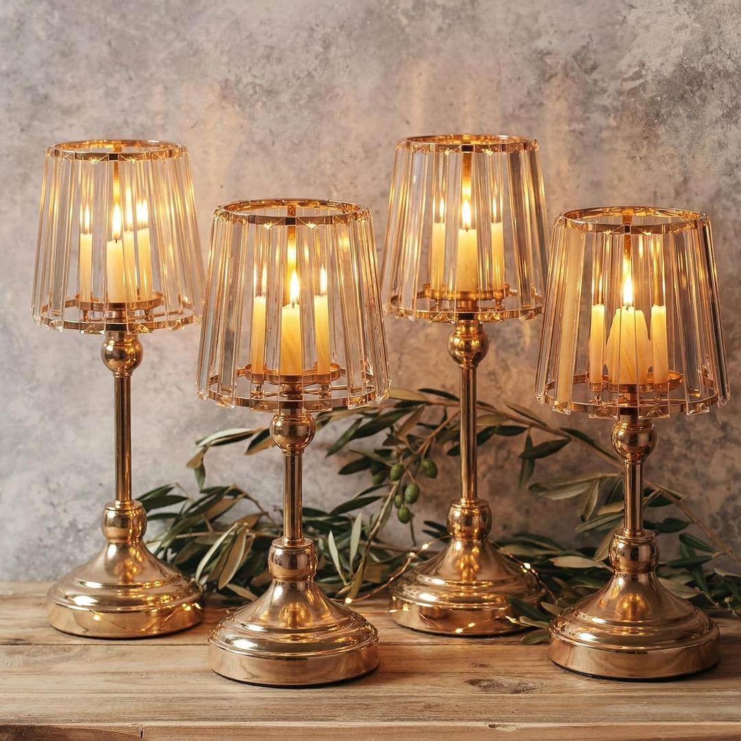 Gisafai 4 Pack 11" Gold Candle Centerpiece Hurricane Candle Holders Gold Fairy Tealight Lamp Candlestick Lamps Minimalist Nordic Glass Votive Holder Set for Wedding Tables Romantic Home Decor