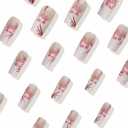 2 x BABALAL White Press on Nails Long,3D Flower Fake Nails Square French Tip False Nail Tips Pink Flower Design Glossy Artificial Nails Supplies Diy Manicure Nails Squoval Artificial Nails for Women (BNDa01)
