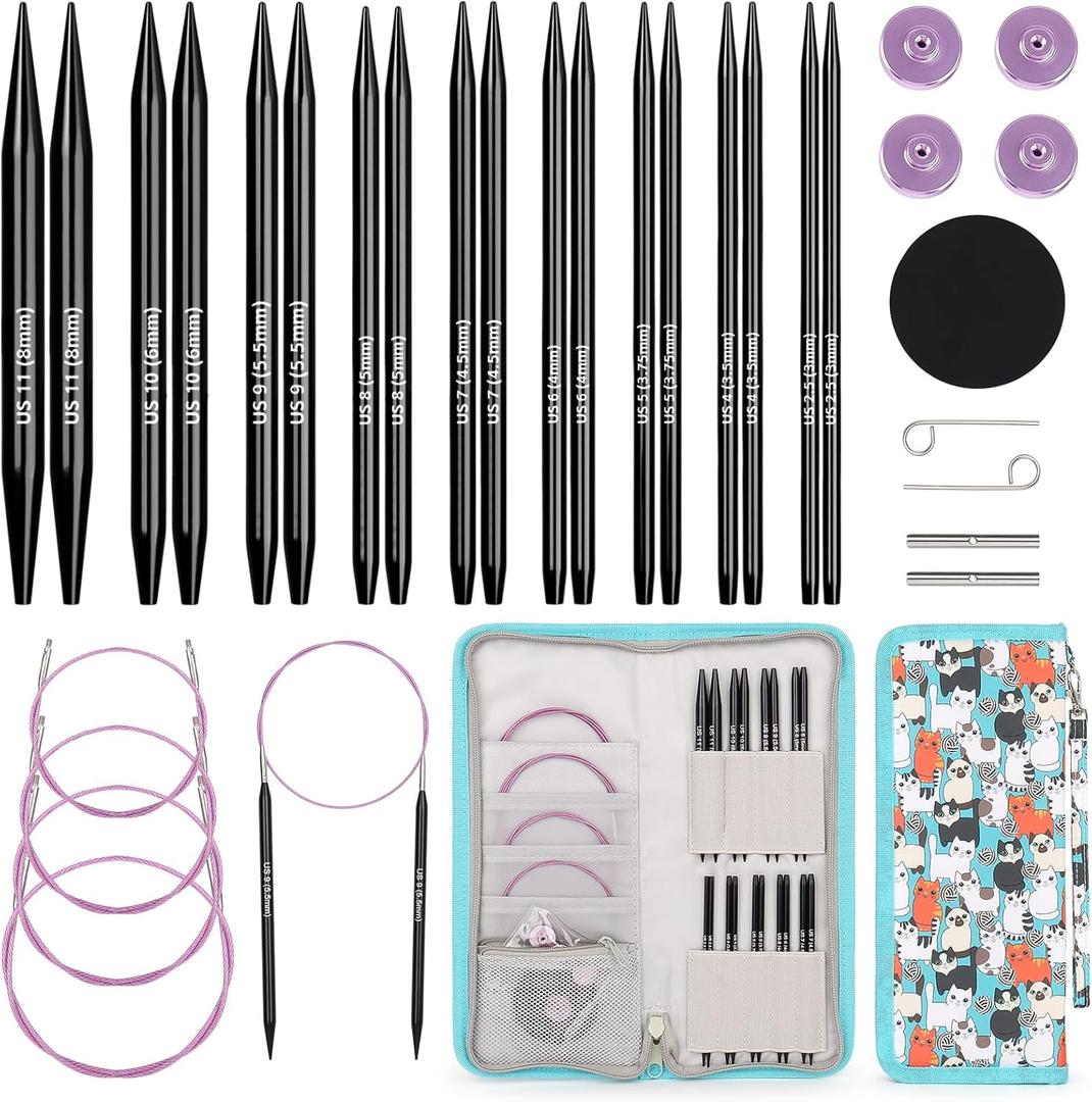 Aeelike Interchangeable Knitting Needles Set, 9 Pairs Circular Knitting Needles Aluminum (Size 3.0mm-8.0mm) with 4 Cables Accessories and Cute Storage Case for Socks Blankets Cushions, Ideal Gift (Black)