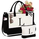 YOOLIFE Gifts for Women - Initial L Canvas Tote Bag & Makeup Bag, Birthday Gifts for Women Her Wife Mom Friend Teacher