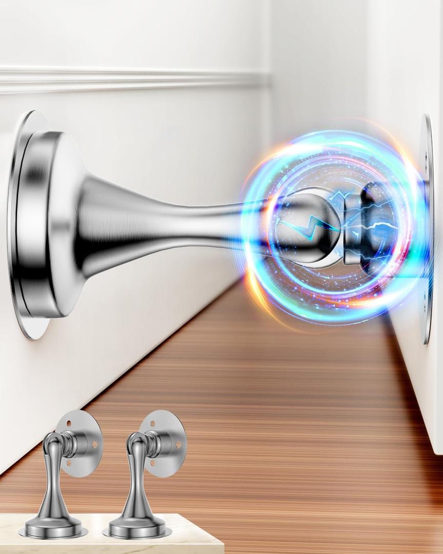 Door Stoppers Magnetic Door Catch - 2 Pack Stainless Steel Heavy Duty Door Holder Stops for Bottom Top of Door - Wall Floor Mounting No Drill Strong Adhesive & Screws Strong Magnet Keep Door Open (Silver)
