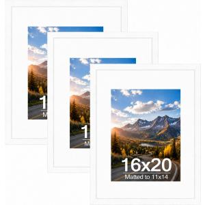 Wood 16x20 Picture Frame with 11x14 Mat White, Display 11x14 with Mat or 16x20 Without Mat, Wood 16 by 20 Photo Frame, 16 x 20 Frame for Wall Hanging Display, White, 3 Pack