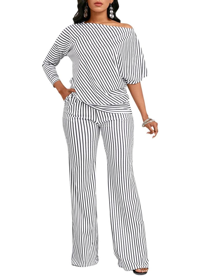 FairyLove Two Piece Sets for Women Lounge Sets Cowl Neck Tops Wide Leg Crop Pants Vacation Travel Outfits Black (XL)