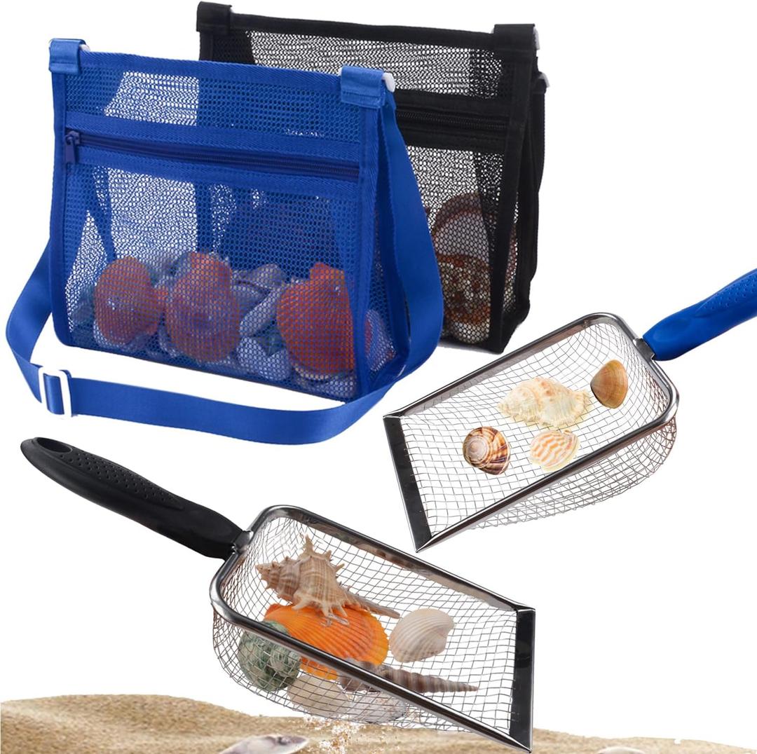 MUYIZI Beach Mesh Shovel with Mesh Beach Bag for Shell Collecting, Kids Sand Sifter for The Beaches,Shell Scooper for Beaches,Shark Tooth Sifter Dipper,Sea Shell Bags for Kids (Sapphire Blue+Black)