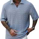 SOLY HUX Men's Summer Collared V Neck Textured Golf Shirts Boho Casual Short Sleeve Shirt Tops (L)