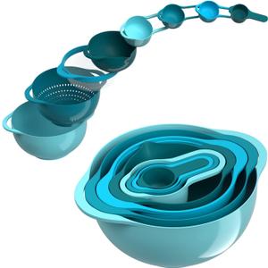 Mixing Bowls-Plastic Nesting Mixing Bowl Set of 8, Kitchen Gadgets for Apartments Space Saving, Including Measuring Cups Sifter Colander, Easy Storage Cooking Baking, Rv Camper Accessories, No BPA (Blue Cyan)