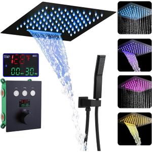 Shower Faucet Set 64 Color LED Thermostatic Shower System Black Digital Display Rainfall Shower System Ceiling Mounted Shower Complete Combo Set with 12 Inch 2 Functional Shower Head