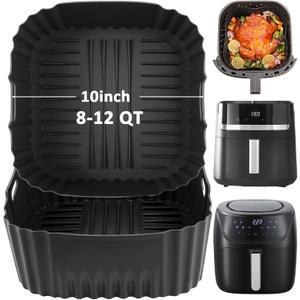 BYKITCHEN Large Air Fryer Silicone Liners Compatible with CHEFMAN 8QT/ 10 QT/ 12 QT & Other 8-12 Quart XL Airfryer, 2PCS 10 Inch Reusable Silicone Airfryer Oven Tray Insert, Air Fryer Accessories