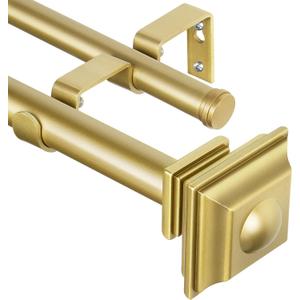 KAMANINA 1 Inch Double Curtain Rods 72 to 144 Inches (6-12 Feet) Telescoping Gold Curtain Rod for Windows 69 to 140 Inches, Long Drapery Rods with Square Finials