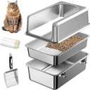 16'' High Sides Stainless Steel Sifting Litter Box for Pine Pellets,XXL Sifting Cat Litter Box with Lid,Metal Sifter Litter Pan System for Big Cats,Odor Control,Easy to Clean