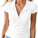 Womens Deep V Neck Tops Casual Cap Sleeve Polo Shirts Collared Button Up Ribbed Knit Tees (White, L)