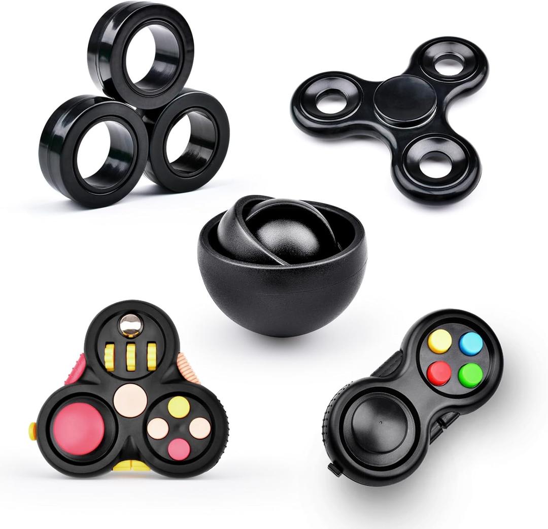 Fidget Toys Adults Pack 5Pcs,Fidget Spinner with Magnetic Rings Gyro,Fidget Controller Autism Sensory Toys,ADHD Stress Anxiety Desk Fidgets,Easter Basket Stuffers for Kids Teen Boys(BK) (Black)