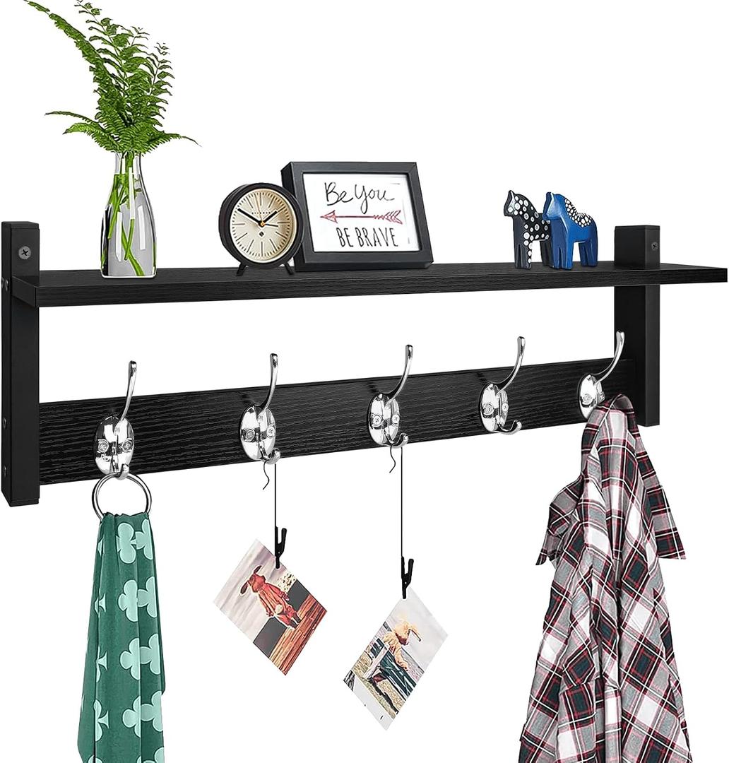 Homode Coat Rack Wall Mount with Shelf, 24" Long Entryway Shelf with Hooks Underneath, Wooden Coat Hanger for Hanging Hats, Bathroom Towels, Clothes, Black