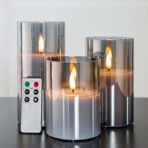 Eywamage Smoke Grey Glass Flameless Pillar Candles with Remote, Flickering LED Battery Candles Table Decor Set of 3 (Gray)