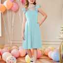 Arshiner Girls Dress Summer Ruffle Sleeve Mesh A Line Casual Party Dresses with Pockets (Blue) Size 10-12