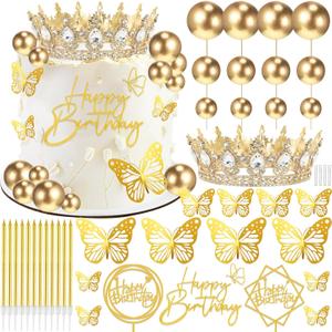 AMZVALU Corona Para Pastel, Crown Cake Topper, 3 Happy Birthday Cake Toppers, Balls Candles Butterflies Cake Decorations, Birthday Crown for Women Queen Princess Party Wedding (Gold, White)