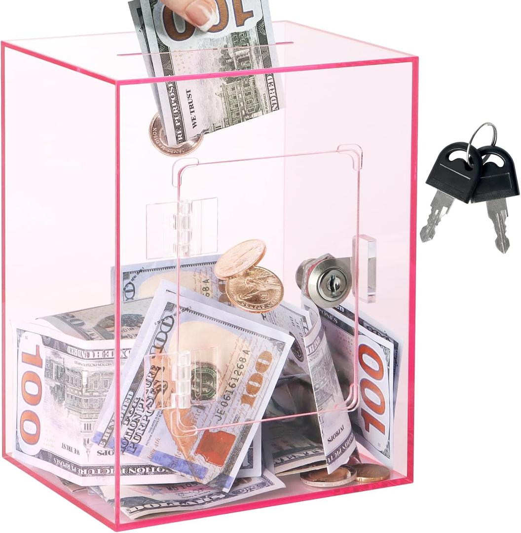Clear Acrylic Piggy Bank with Lock and Key for Kids Adults, Openable Money Saving Box for Cash Coins Real Money (Pink)