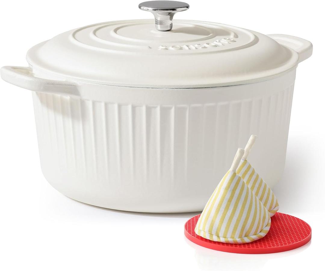SENSARTE Enameled Cast Iron Dutch Oven Pot with Lid 3.5/5.5/6.5 Quart Heavy-Duty Round Dual Handles Kitchen Pot with Cotton Potholders & Silicone Trivet, Pot for Bread Baking, Stews, Braising, Roasting, Oven Safe, 5.5 Quart, White