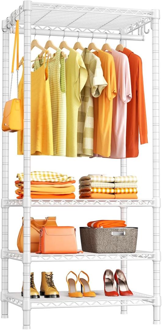 Ulif H4 Mini Portable Closet, 4 Tiers Freestanding Clothing Garment Rack for Small Space, Metal Clothes Wardrobe System for Bedroom, 23.6" W x 14" D x 76.4" H, Load 502 lbs, White