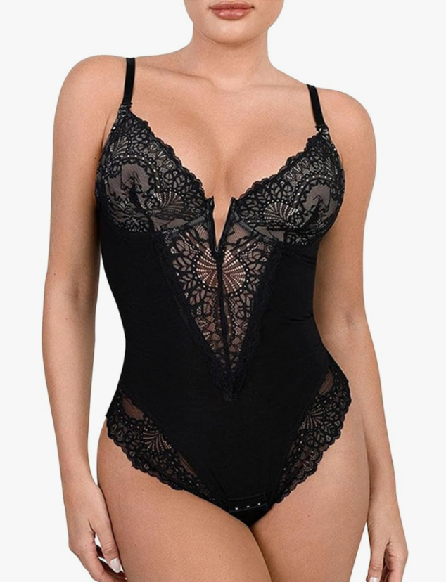 Black Lace Bodysuits for Women Body Suits Tummy Control Seamless Sculpting Snatched Waist Backless Shapewear Thong, Large