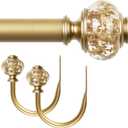 Gold Curtain Rods 36 to 72 Inches and Holdbacks with Translucent Finials Embedded with Gold Foil