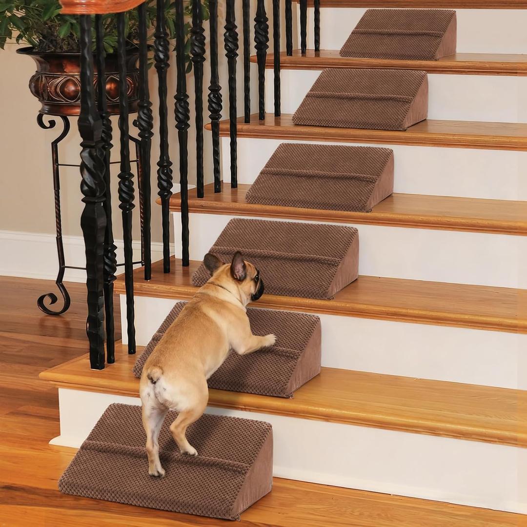 40D Density Foam Dog Ramp with Anti-Slip Bump for Stairs Suits for Small Dogs Cats, Pet Steps Stairs for Staircase Stairs Self-Sticky Pads to Fix(6Pack, Brown)