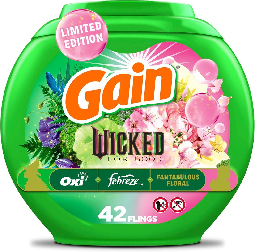 Gain Flings! "Wicked: For Good" Limited Edition Laundry Detergent Pacs, 42 Count, Fantabulous Floral Scent, 3 in 1 HE Detergent Pacs with Oxi Boost and Febreeze