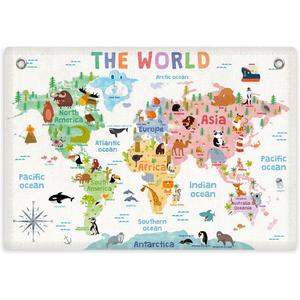 World Map Banner Playroom Decor Wall Hanging, Playroom Wall Decor Educational Banner Flag, Cute Cartoon Animal Wall Flag Nursery Bedroom Toddler Room Decor Classroom Decorations, Banner for Room