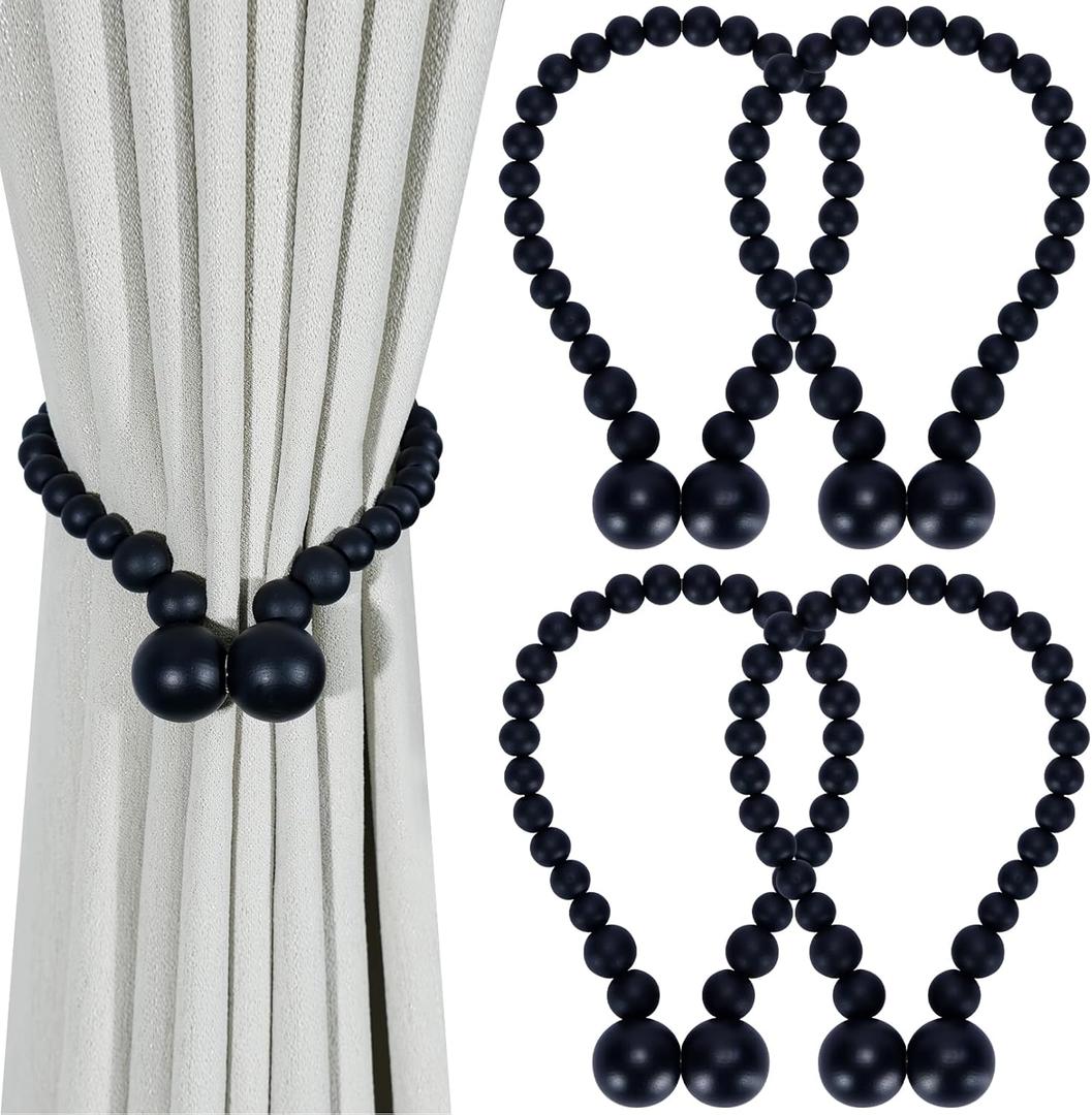 Magnetic Curtain Tiebacks, Curtain Tie Backs for Curtains 4 Pack, Wood Bead Curtain Tiebacks, Curtain Holders for Boho Bedroom Decor, Baby Nursery Decor, Farmhouse Decor (Black)