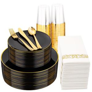 Supernal 350pcs Black & Gold Plastic Dinnerware Set, Elegant Black Plates with Golden Edges, Gold Plastic Silverware, Durable Tableware Perfect for Birthdays, Parties, Wedding, Celebration